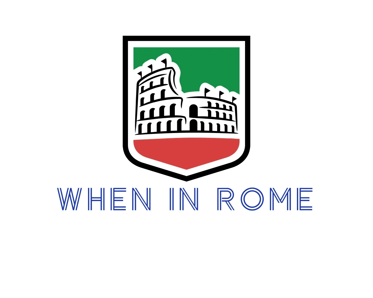 When In Rome, Pizza Romana shield logo with the Colosseum and Italian flag colors